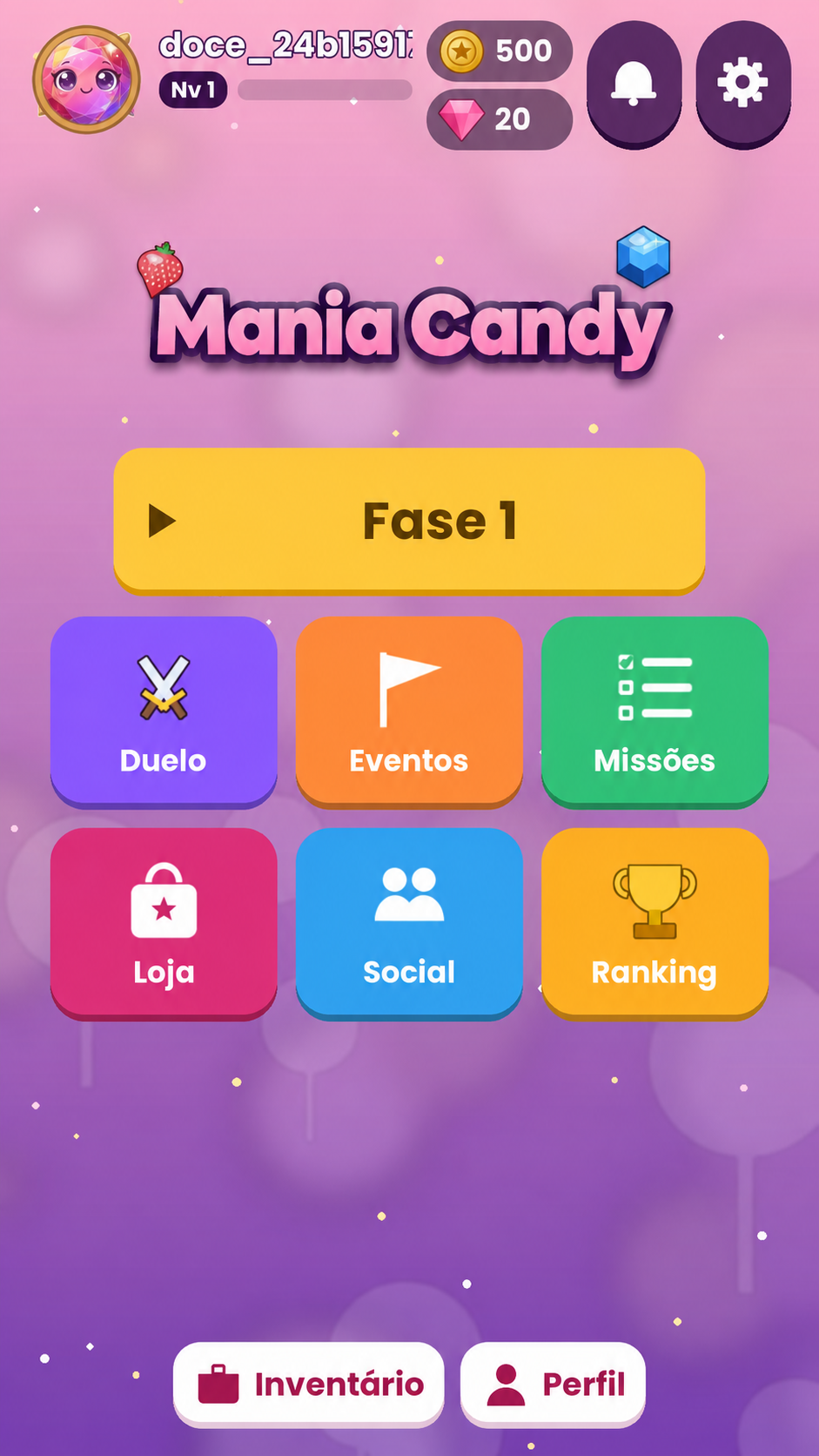 Tela inicial de Mania Candy com campanha e modos de jogo